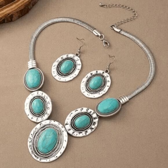 Western Boho Turquoise Silver Necklace and Earring Set - Picture 6 of 11
